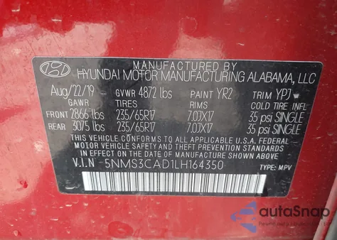 2020 Hyundai Santa Fe Sel из США, поврежденный, VIN 5NMS3CAD1LH164350